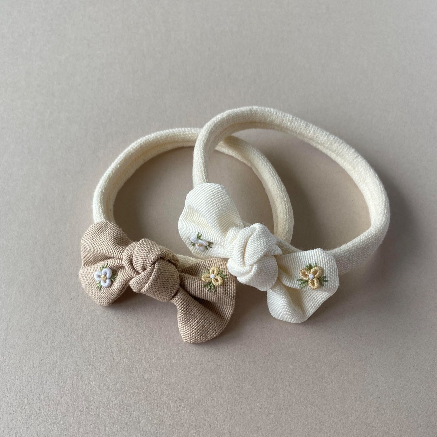 Newborn Headband | Embroidered Linen Bow | Beige