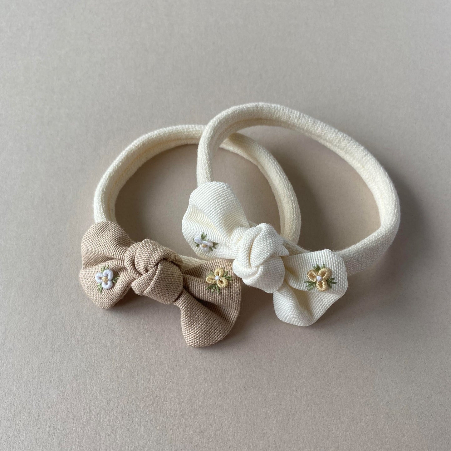 Newborn Headband | Embroidered Linen Bow | Ivory