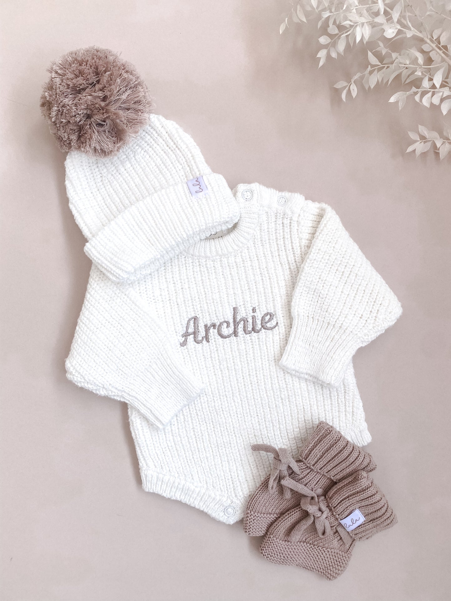 Set | Personalised Chunky Knit Baby Romper & Booties & Hat | Ivory & Cocoa