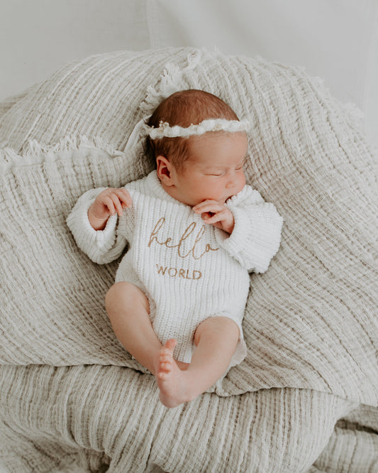 hello world newborn baby romper | chunky knit