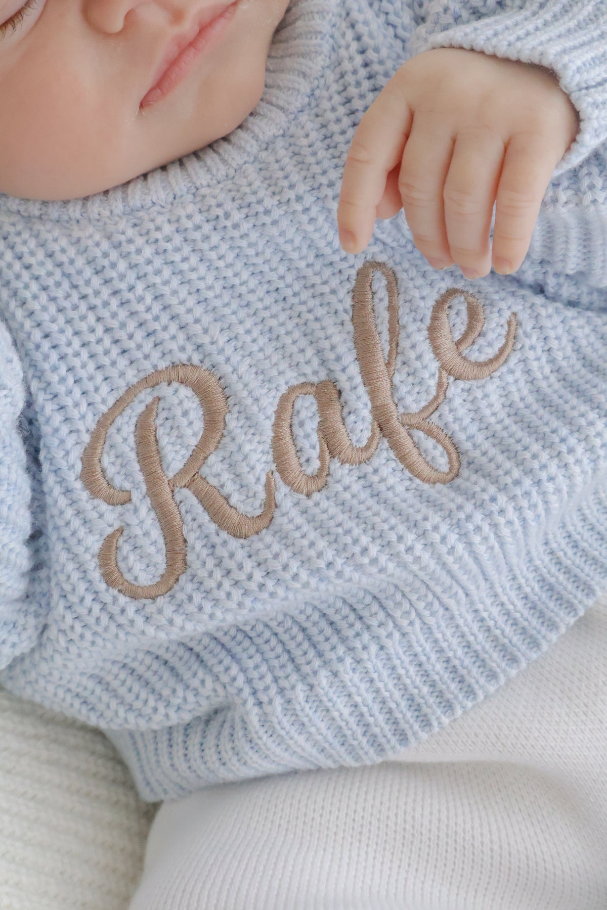 Set | Personalised Chunky Knit Baby Jumper & Booties & Hat | Baby Blue