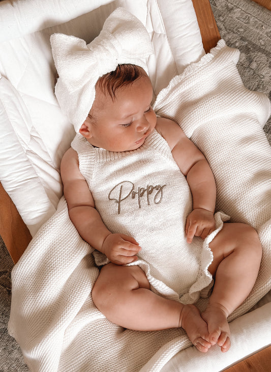 personalised baby clothes - name frill knitted romper ivory