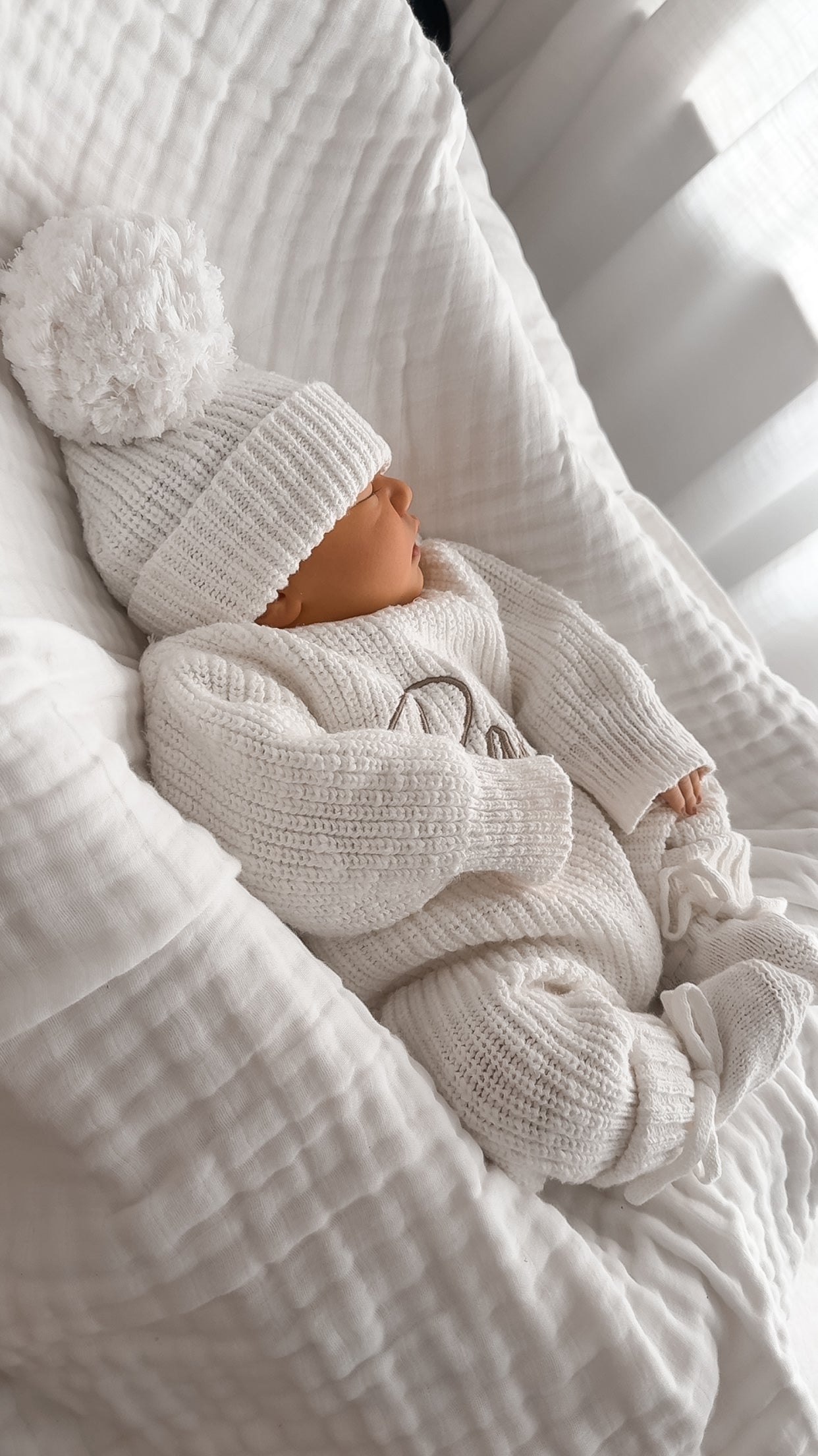 Set | Personalised Full Length Chunky Knit Baby Romper & Booties & Hat | Ivory