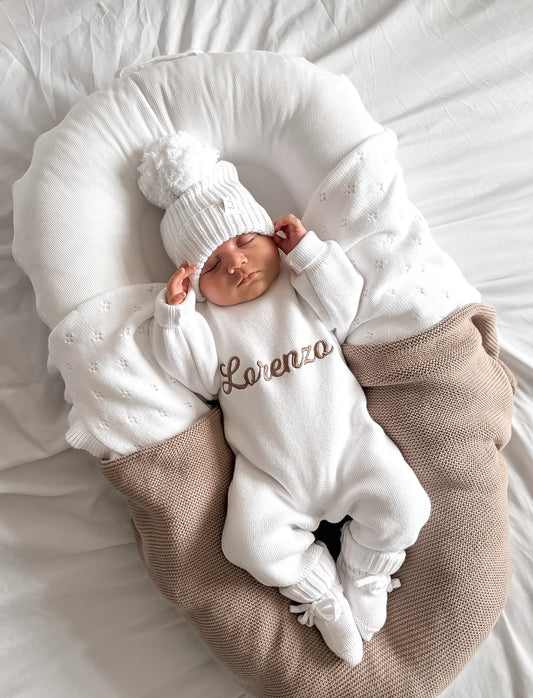 Set | Personalised Full Length Knit Baby Romper & Booties & Hat | Milk White
