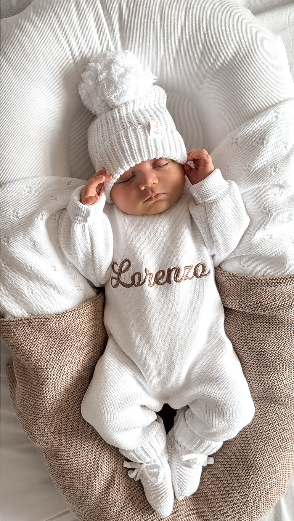 Set | Personalised Full Length Knit Baby Romper & Booties & Hat | Milk White