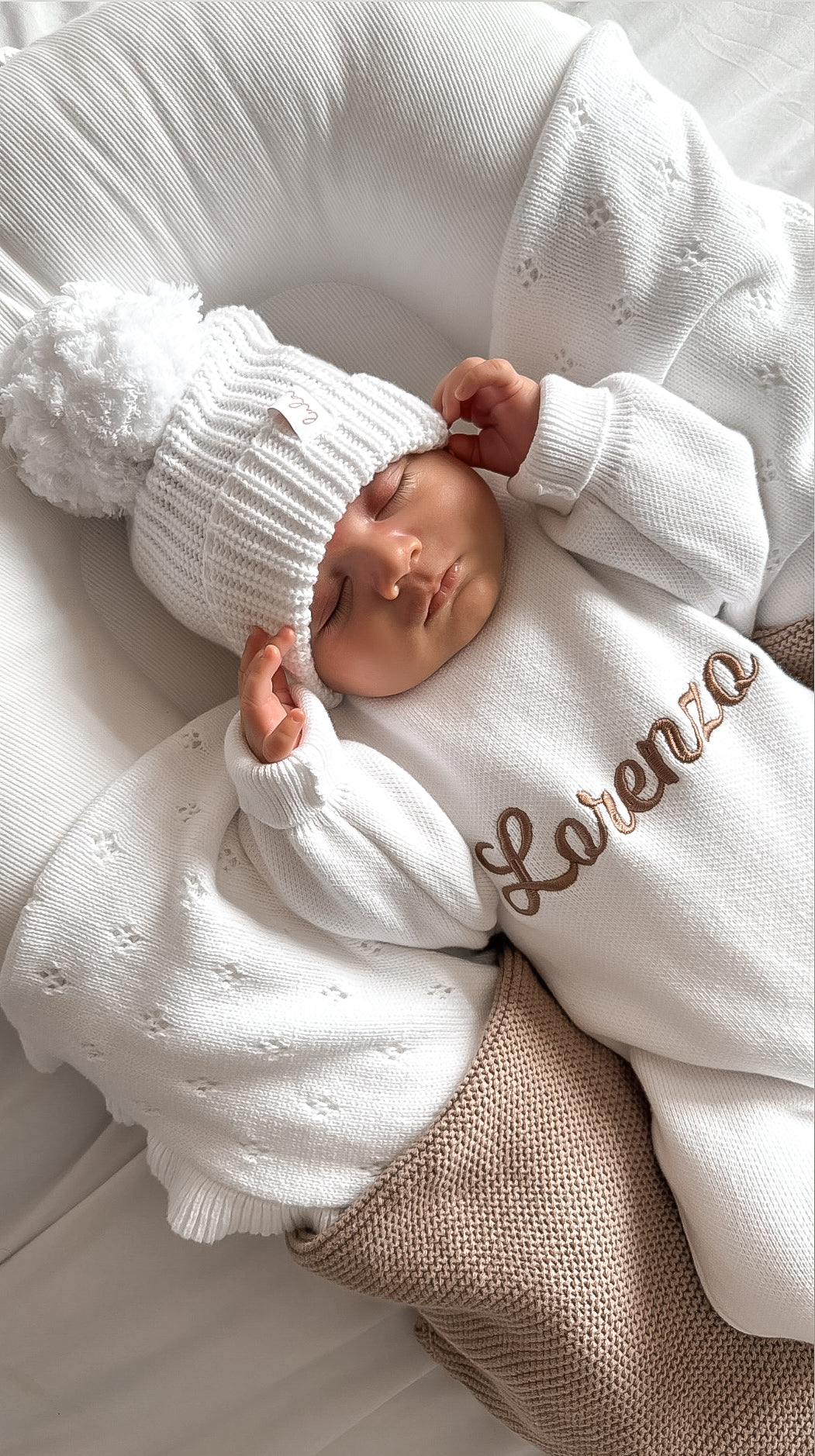 Set | Personalised Full Length Knit Baby Romper & Booties & Hat | Milk White