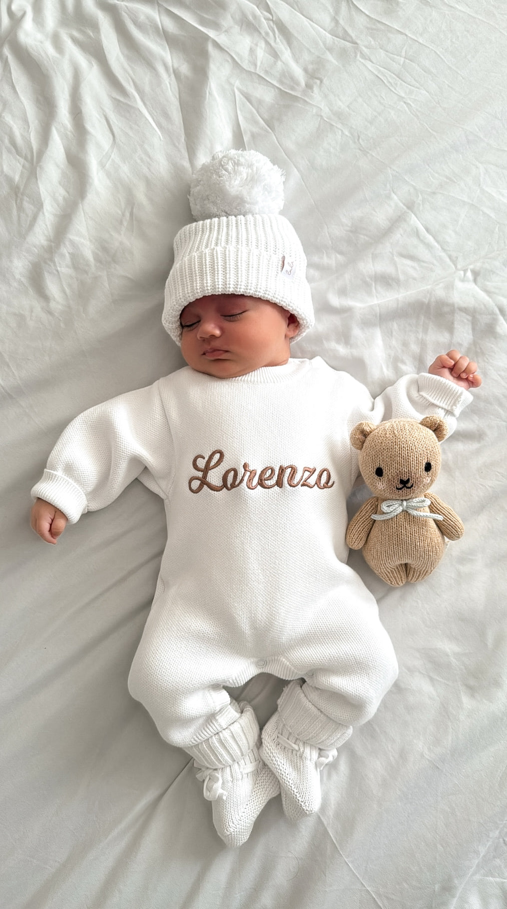 Set | Personalised Full Length Knit Baby Romper & Booties & Hat | Milk White