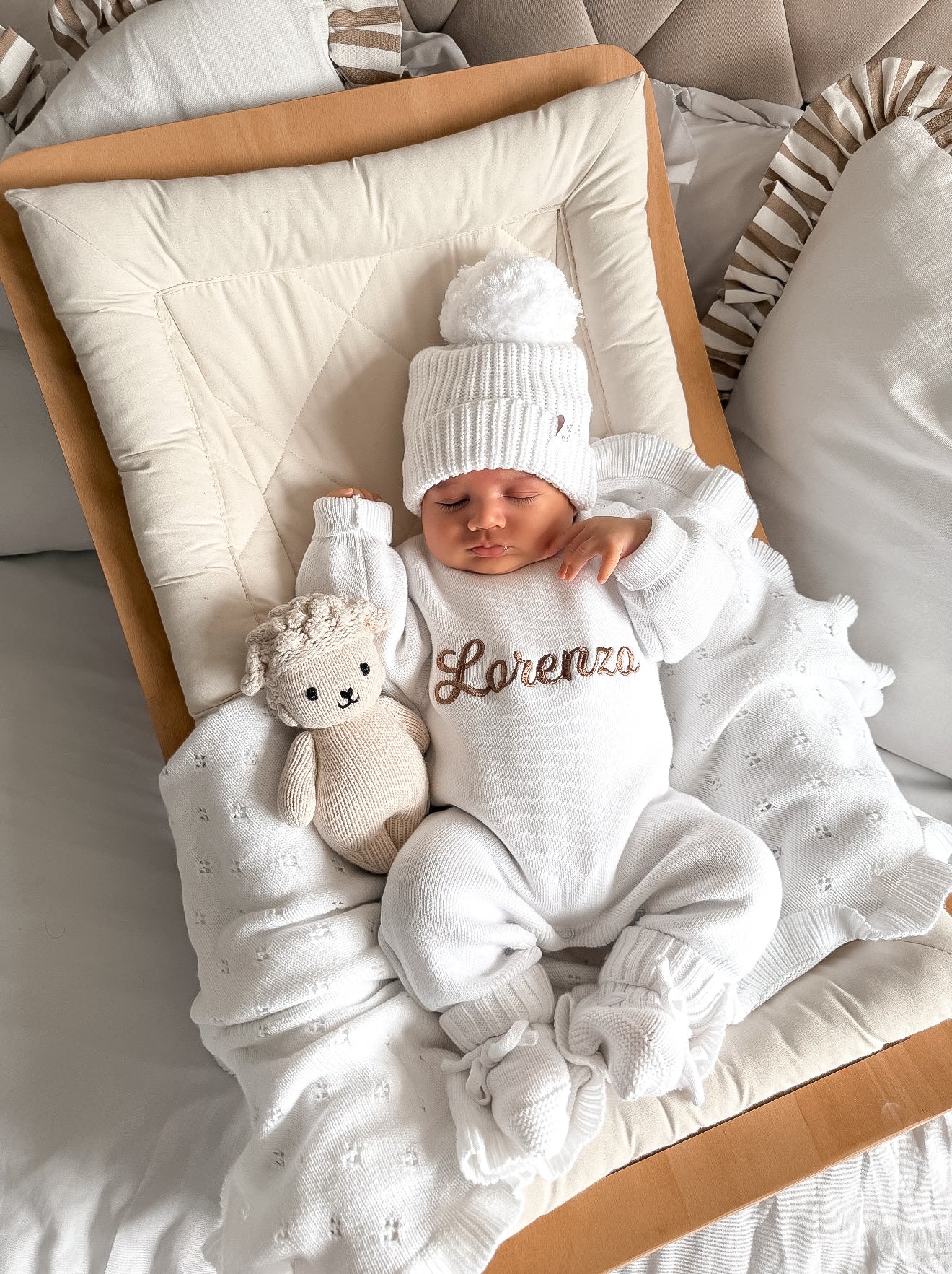 Set | Personalised Full Length Knit Baby Romper & Booties & Hat | Milk White