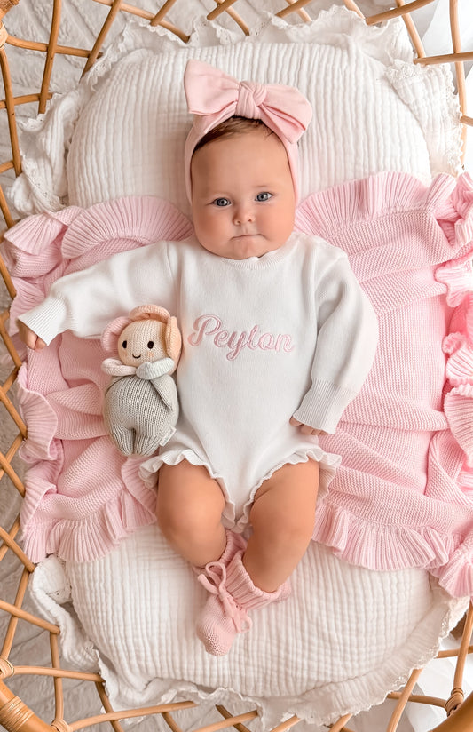 personalised baby girl outfit in white and pink