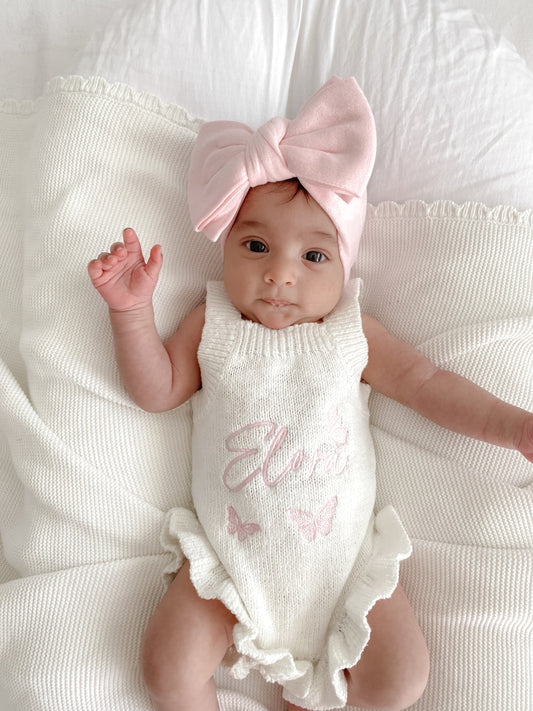 Personalised Sleeveless Frill Knit Butterfly Baby Romper | Ivory
