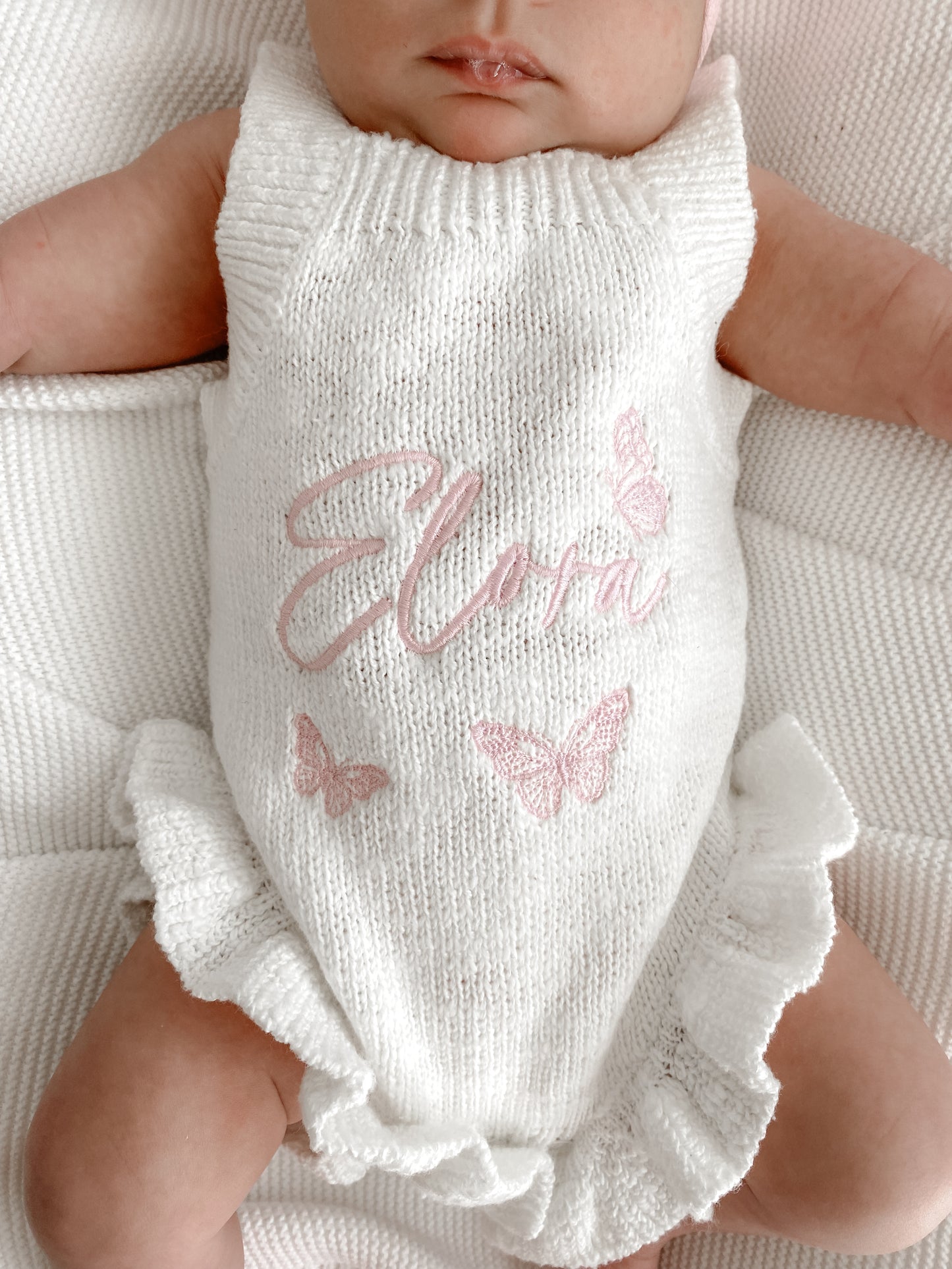 Personalised Sleeveless Frill Knit Butterfly Baby Romper | Ivory