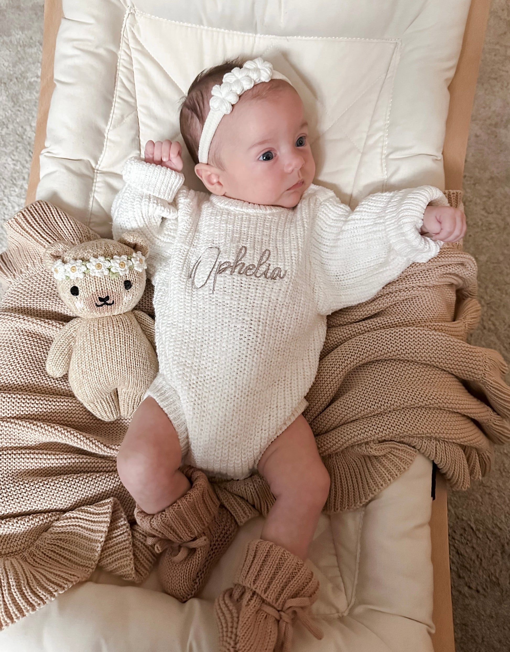 Knit Romper Beige Baby Romper Personalised Baby Clothes Name