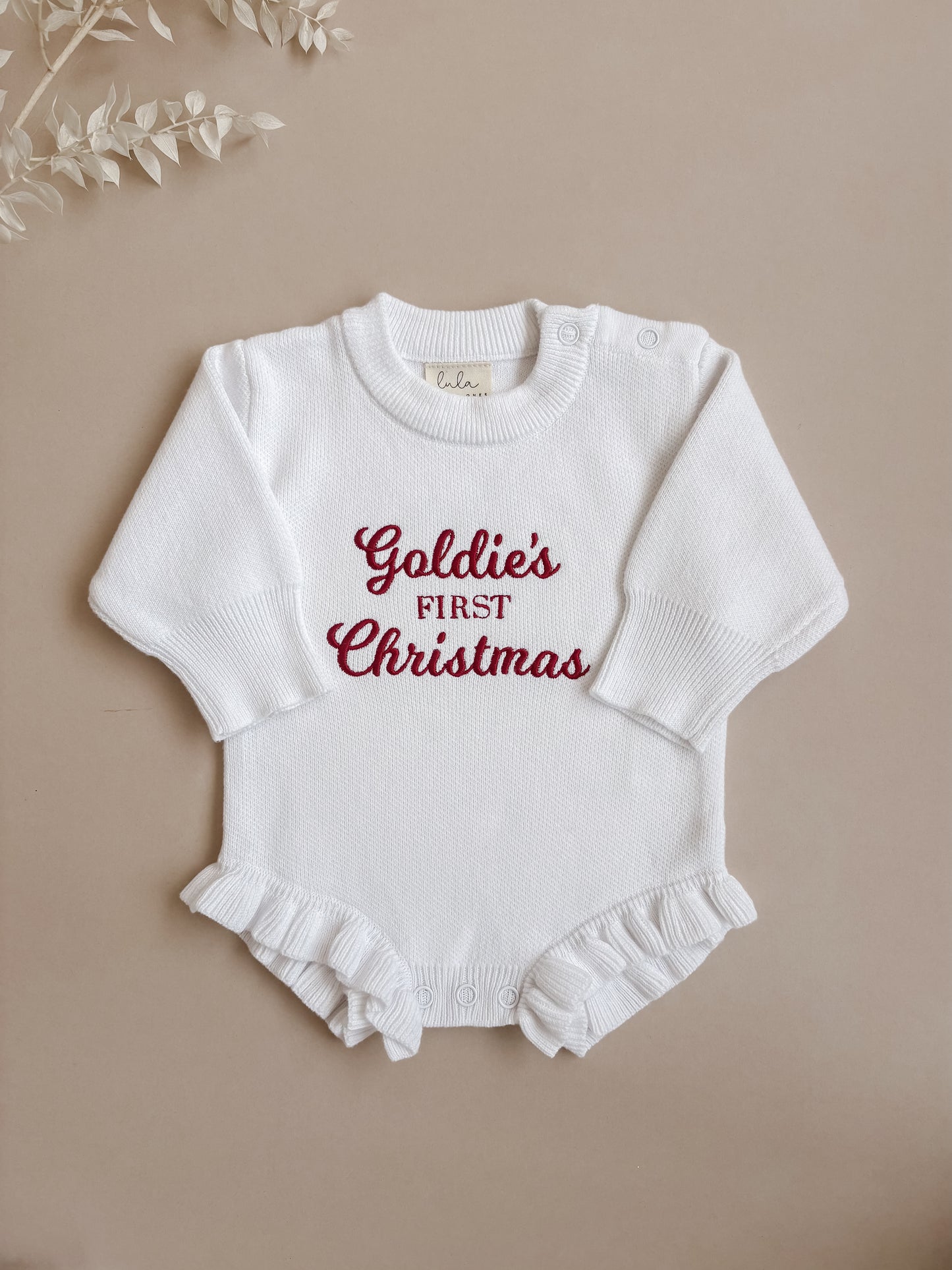 Personalised First Christmas Frill Knit Baby Romper | Milk White