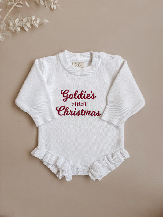 Personalised First Christmas Frill Knit Baby Romper | Milk White