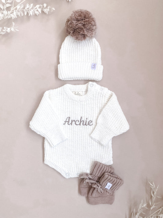 Set | Personalised Chunky Knit Baby Romper & Booties & Hat | Ivory & Cocoa