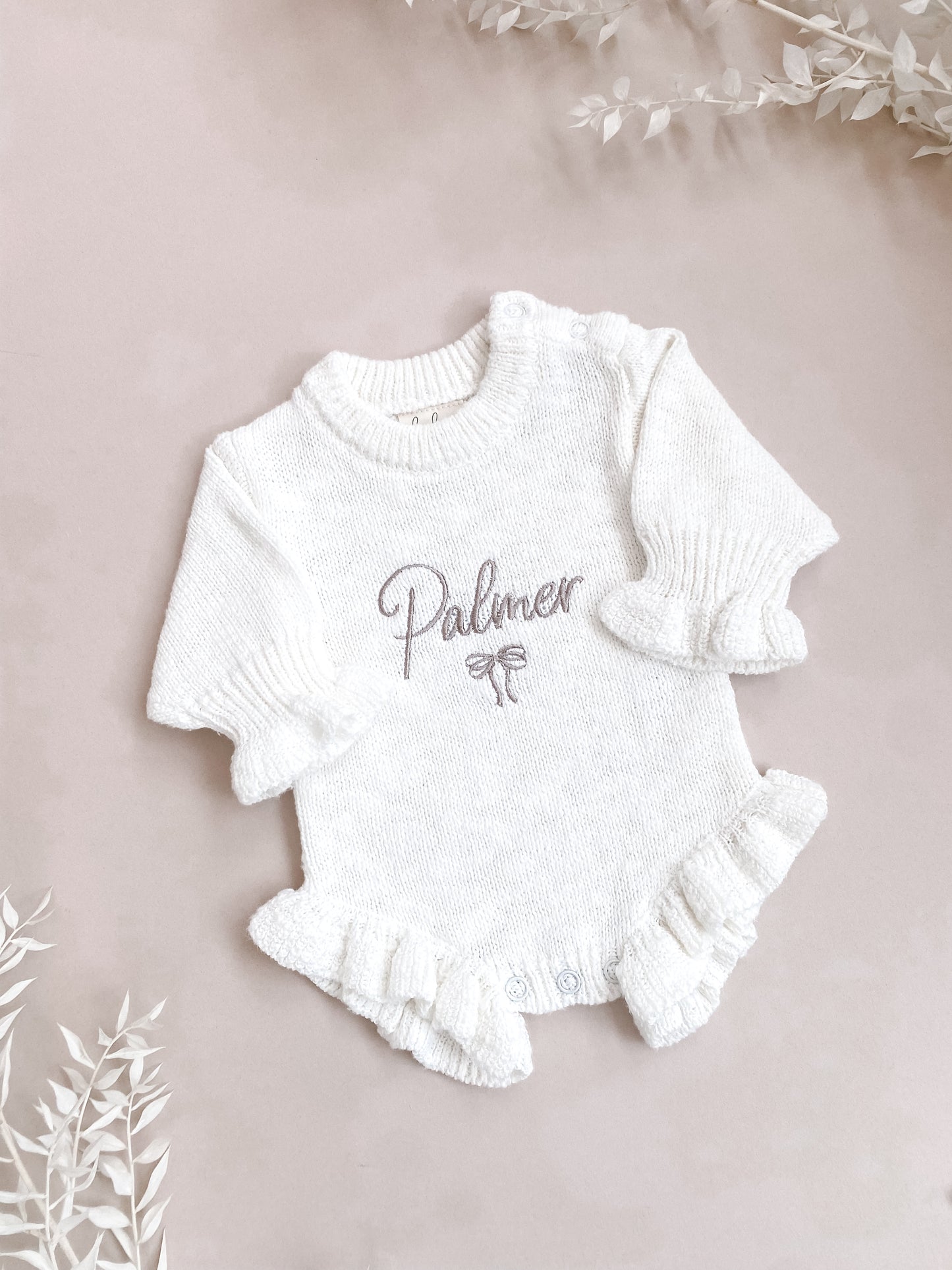 Personalised Frill Knit Bow Romper | Ivory