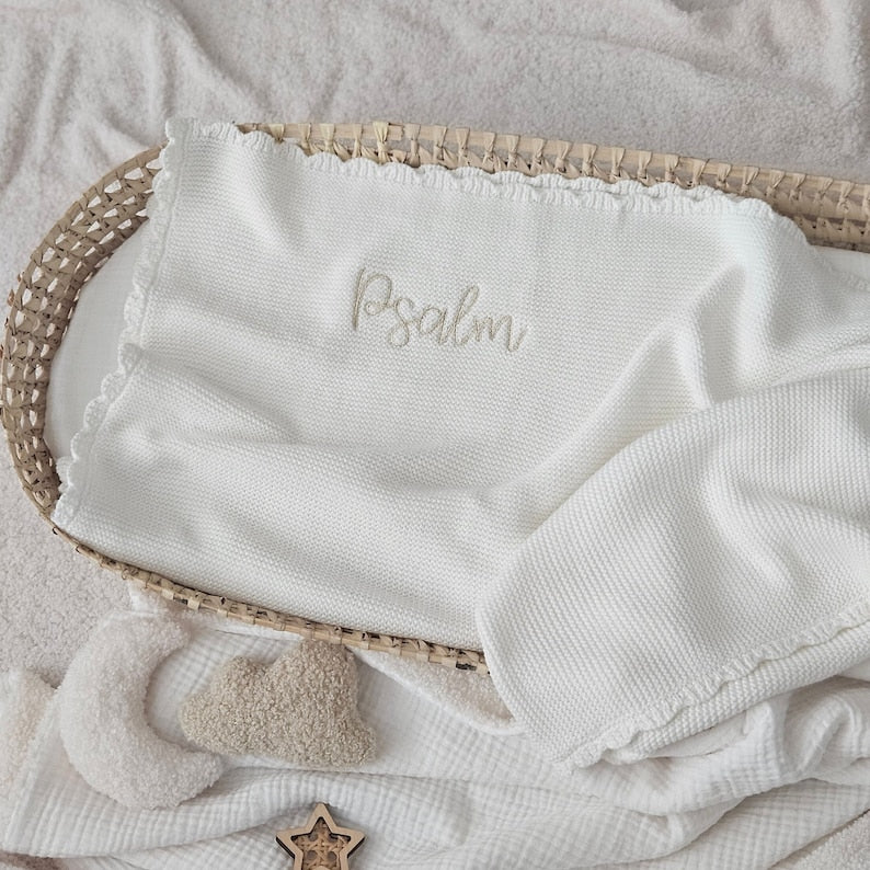 Personalised Scalloped Baby Blanket Heirloom Style Organic Cotton