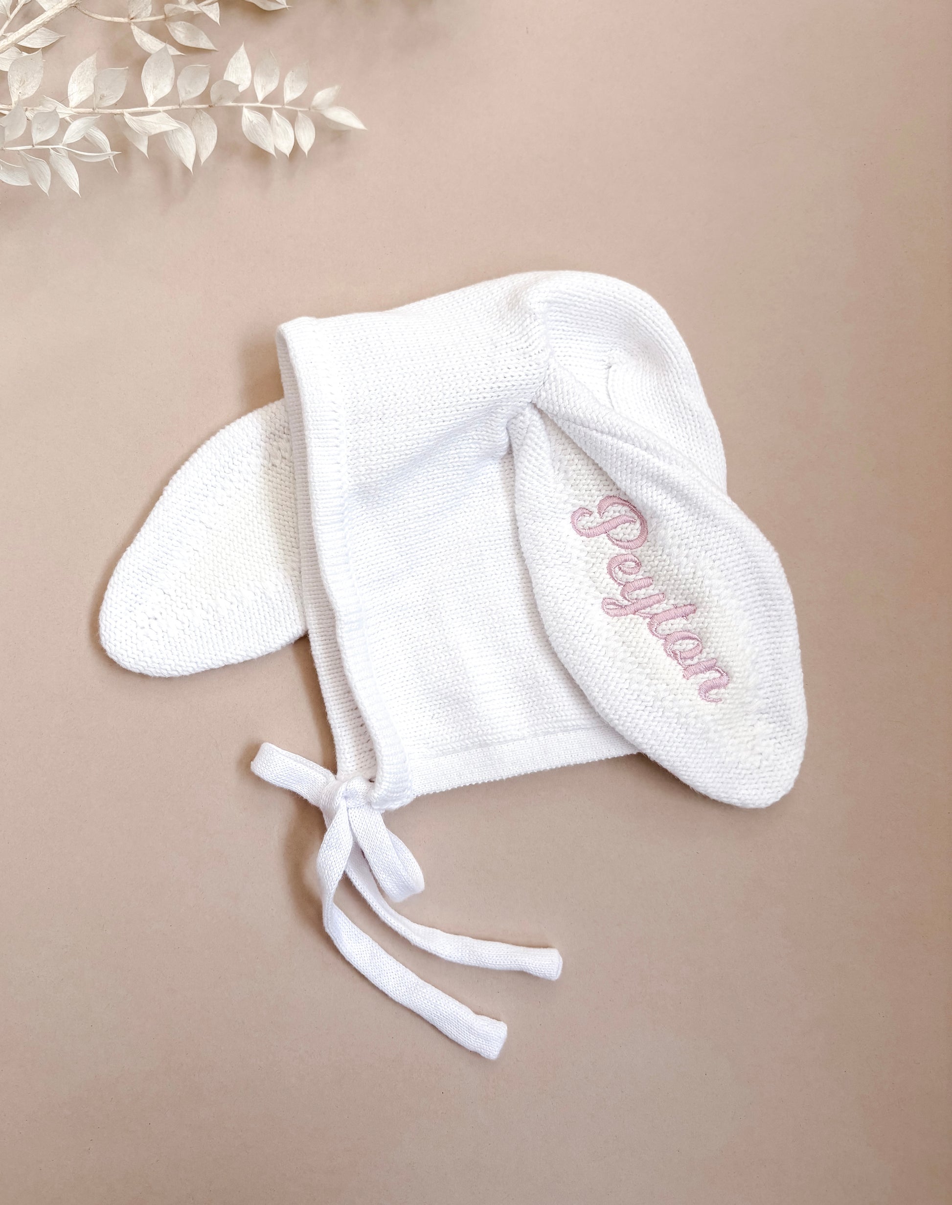 baby bunny bonnet with personalised name embroidery