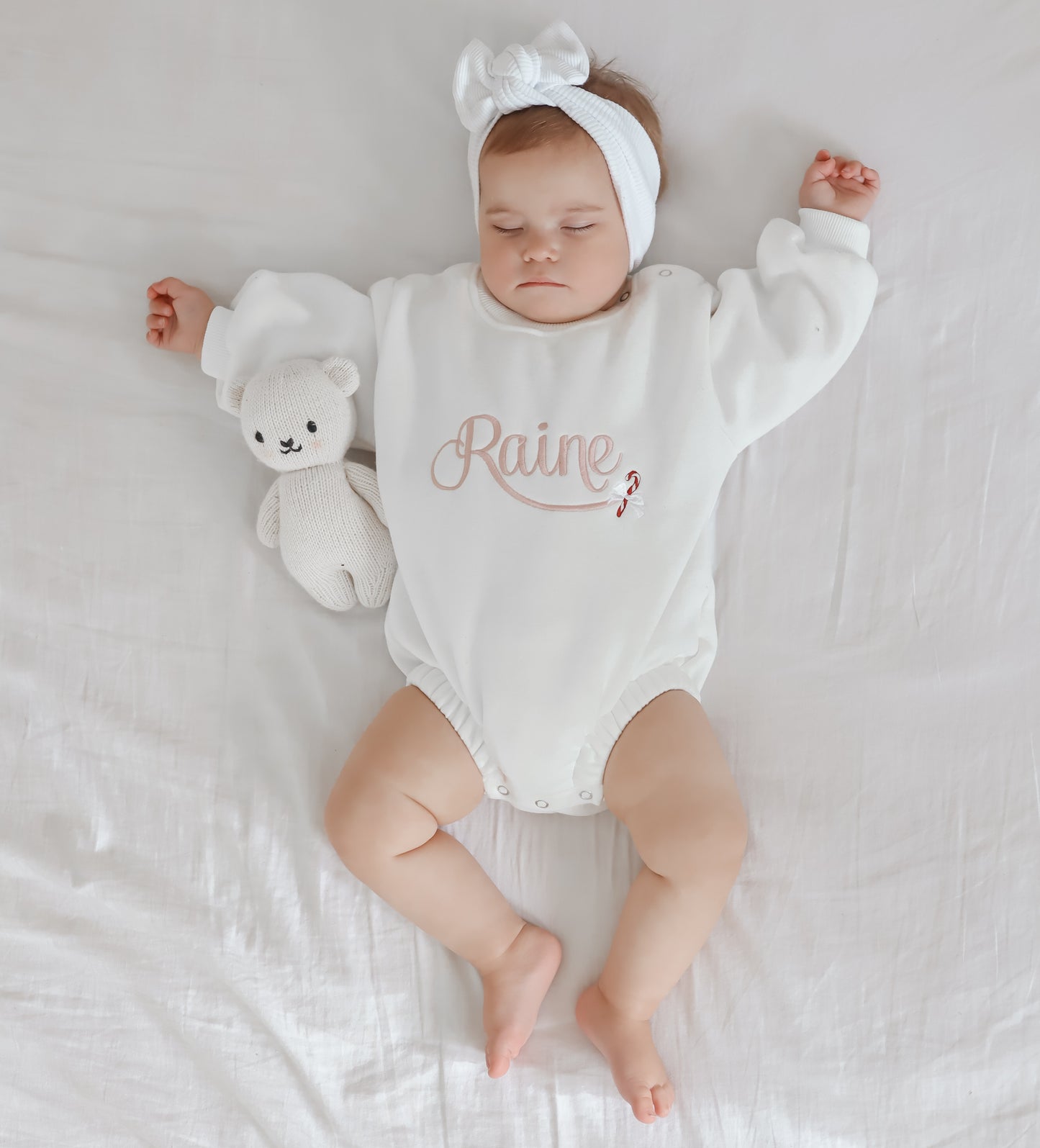 Personalised Christmas Name & Candy Cane | Sweater Romper | Ivory | Pink Embroidery