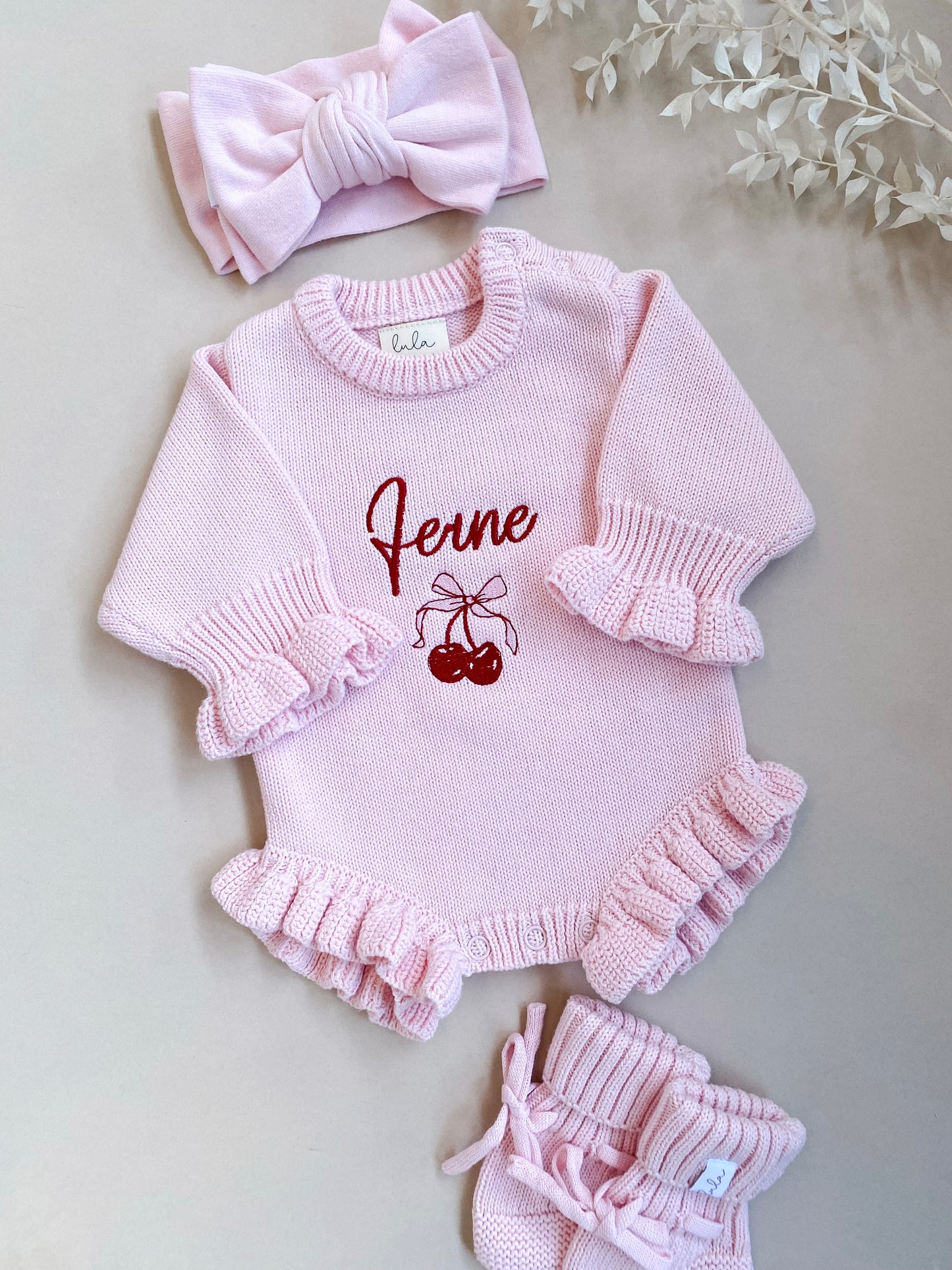 Personalised Frill Knit Cherry Romper | Blossom Pink