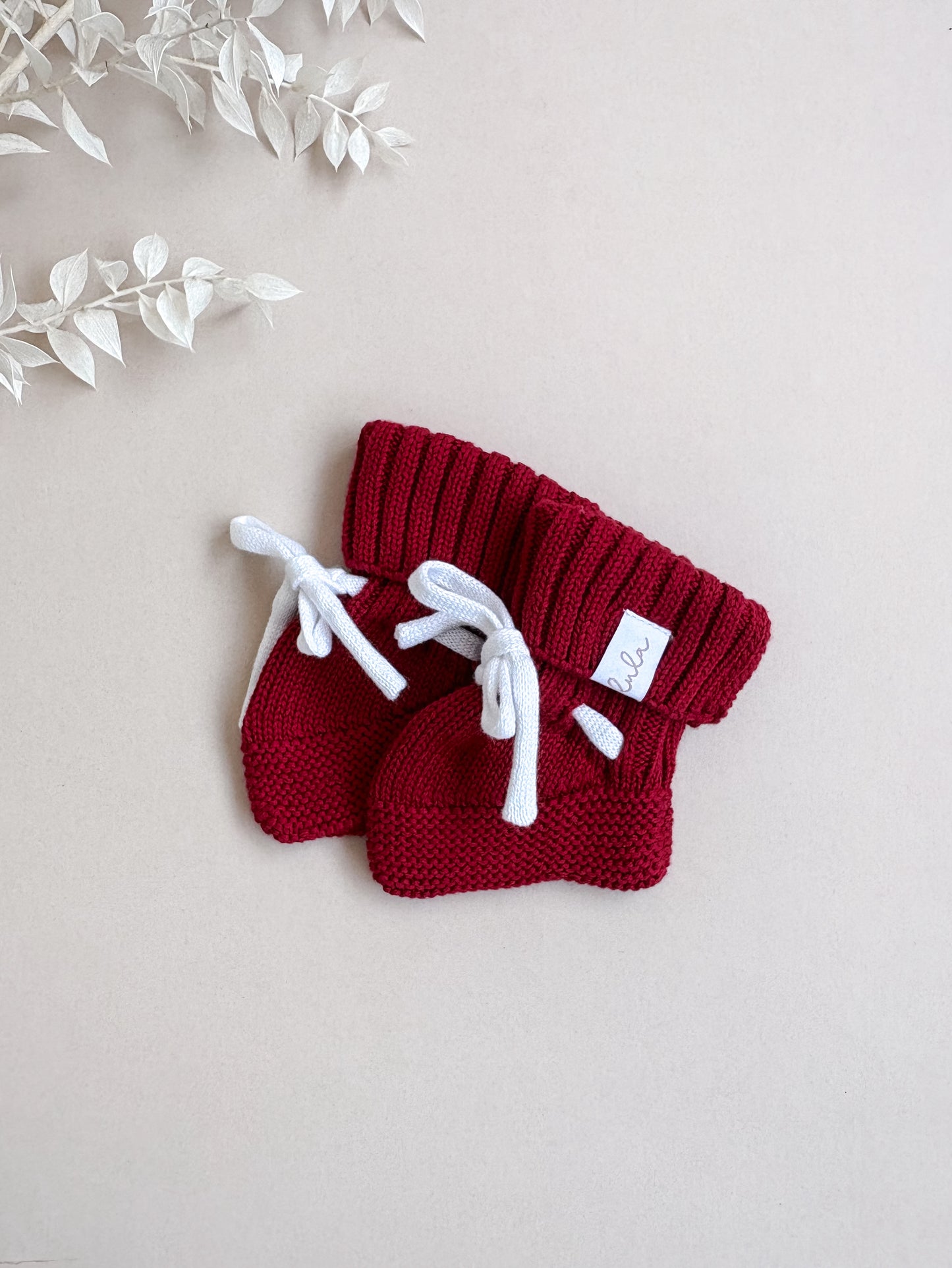 Baby Booties | Chunky Knit | Ruby Red | Milk White Laces