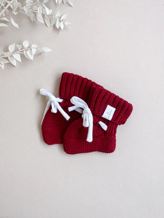 Baby Booties | Chunky Knit | Ruby Red | Milk White Laces