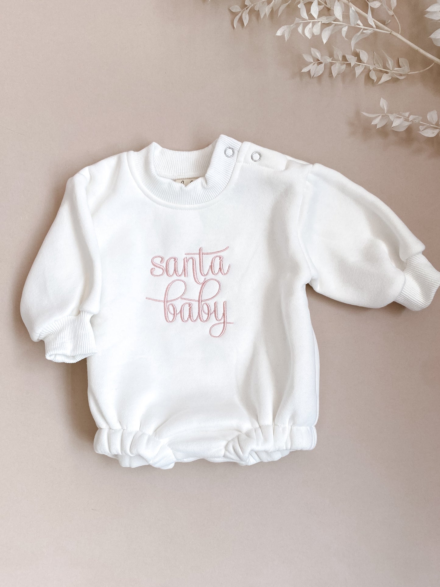 Santa Baby | Christmas Sweater Romper | Ivory | Pink Embroidery