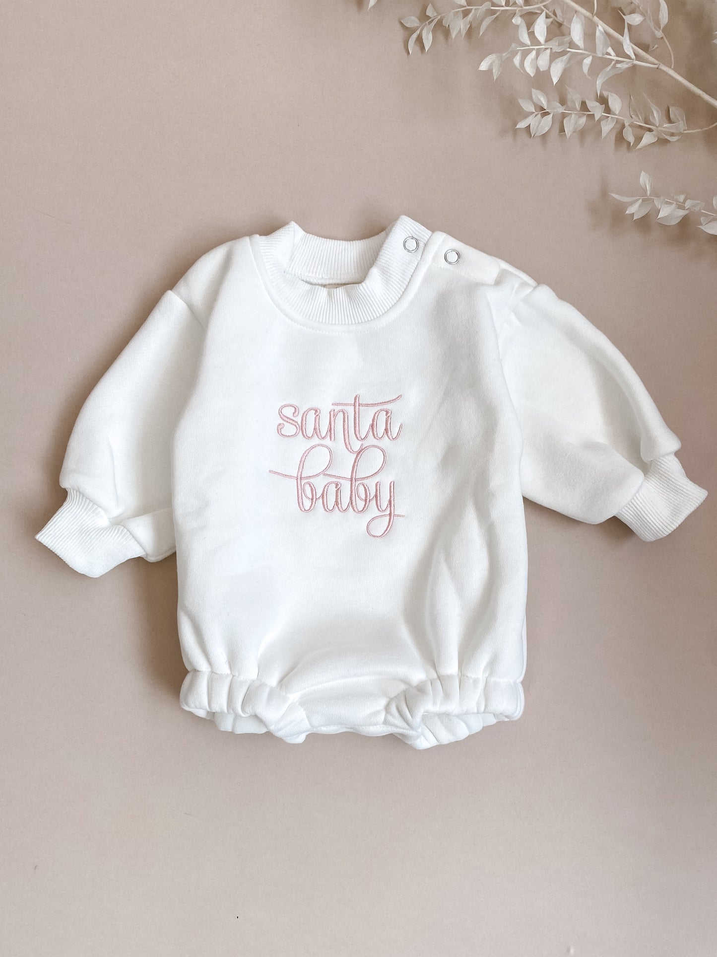 Santa Baby | Christmas Sweater Romper | Ivory | Pink Embroidery