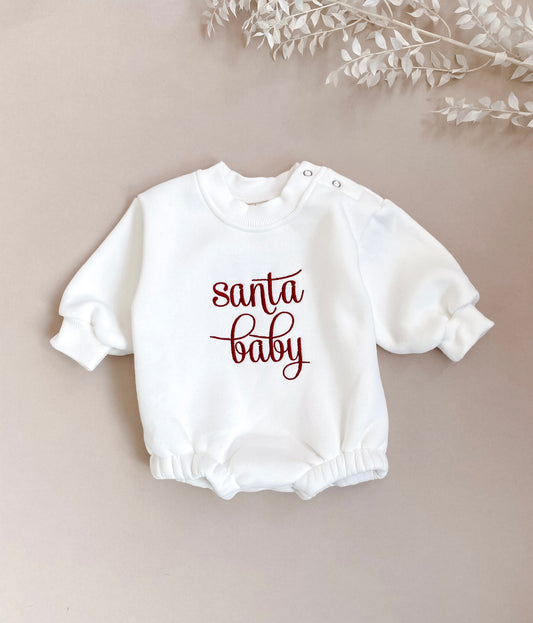 Santa Baby | Christmas Sweater Romper | Ivory | Red Embroidery