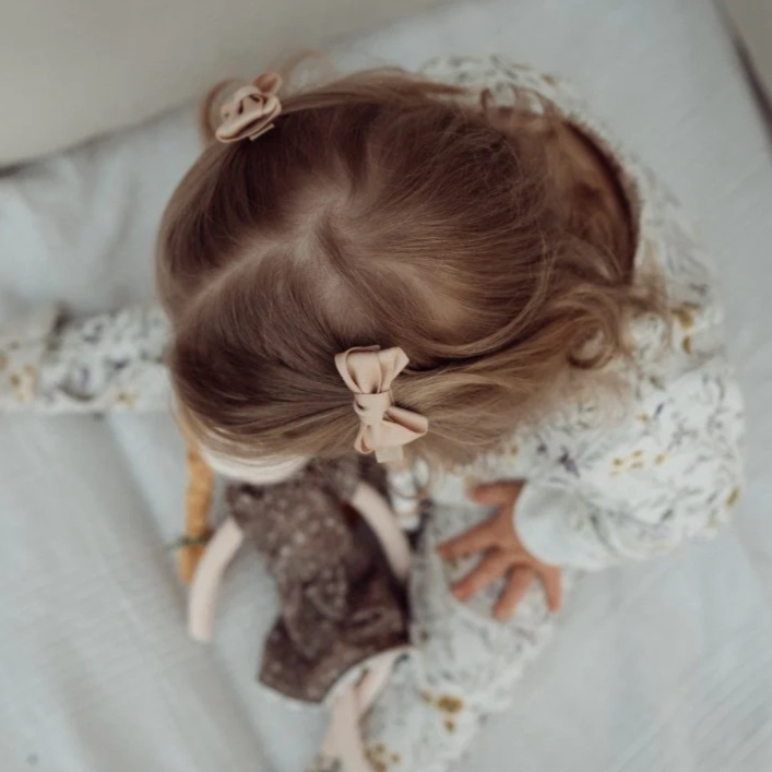 Baby Girl Satin Bow Hair Clip Set | Tan