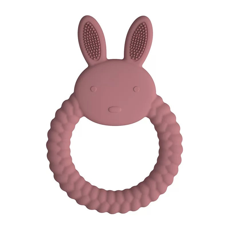 Bunny shaped baby teether in dusky rose/pink