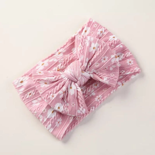 pink floral cable knit baby headband