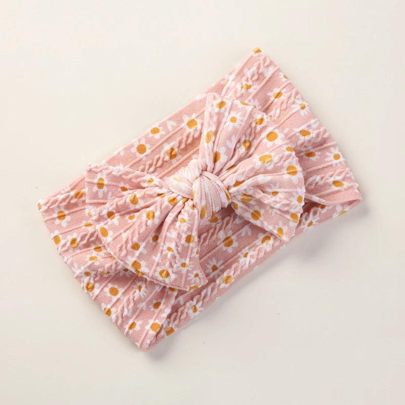 pink daisy cable knit baby bow headband